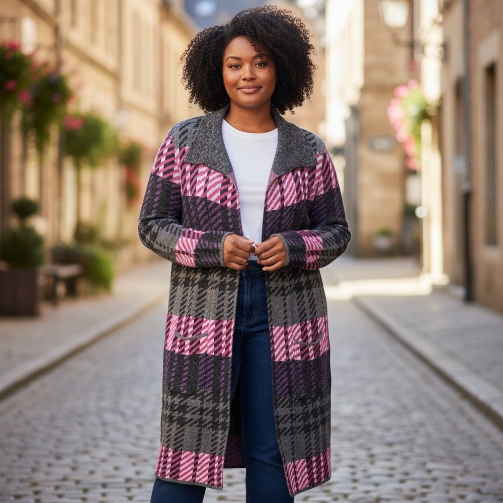 Joseph A Cardigan Pink/Purple/Gray Plaid Duster Length Open Front in Size M  NWT